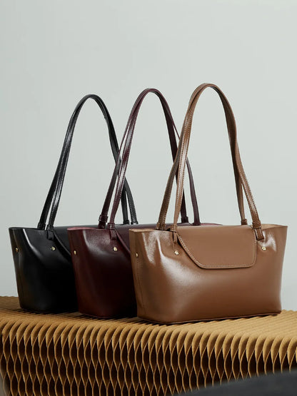 Sleek Genuine Leather Flap Contour Tote