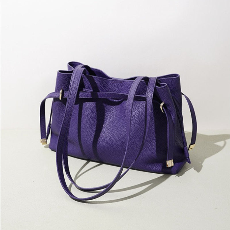 Stellar Genuine Leather Drawstring Pleated Tote