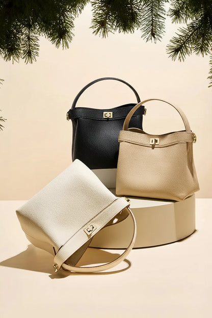 Refined Genuine Leather Signature Bucket Bag