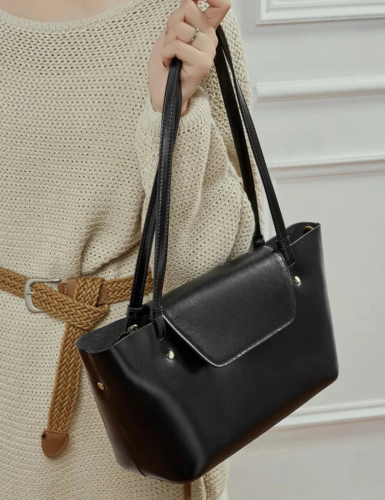 Sleek Genuine Leather Flap Contour Tote