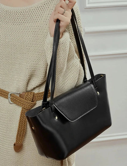 Sleek Genuine Leather Flap Contour Tote