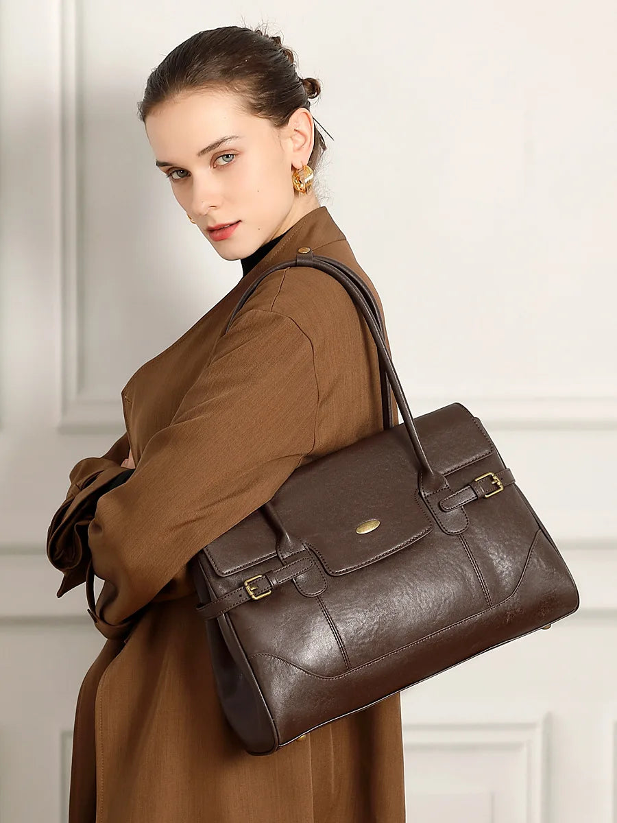Aura Genuine Leather Side-Buckle Vintage Tote