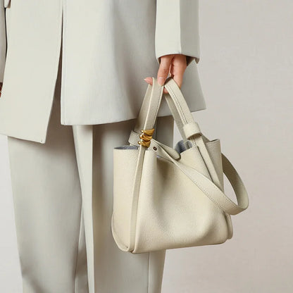 Exquisite Genuine Leather Versatile Casual Bucket Handbag