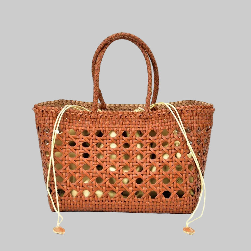 Genuine Leather Woven Beach Basket Bag
