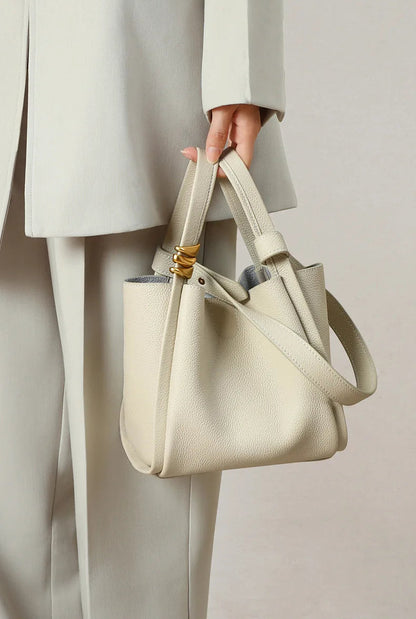Exquisite Genuine Leather Versatile Casual Bucket Handbag