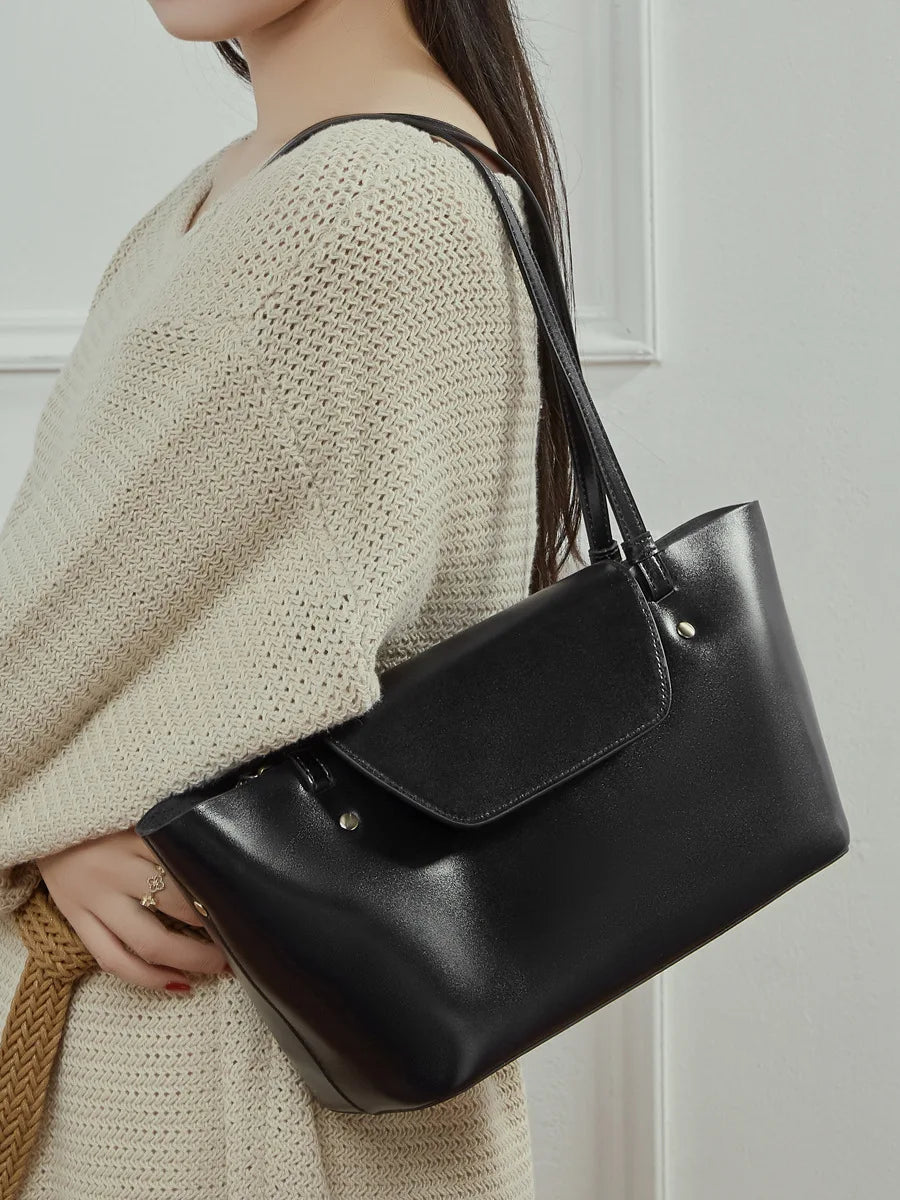 Sleek Genuine Leather Flap Contour Tote