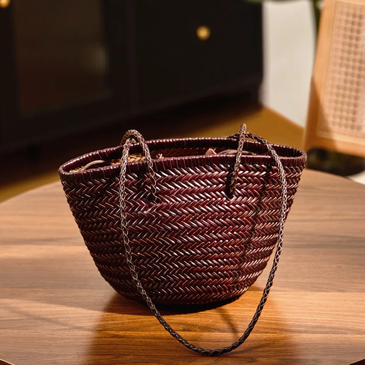 Genuine Leather Woven Beach Bucket Bag