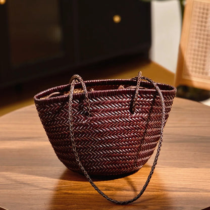Genuine Leather Woven Beach Bucket Bag