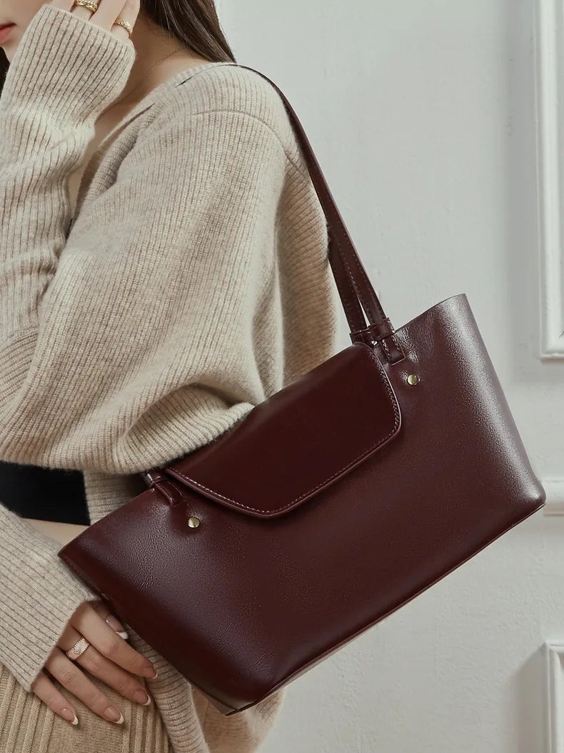 Sleek Genuine Leather Flap Contour Tote