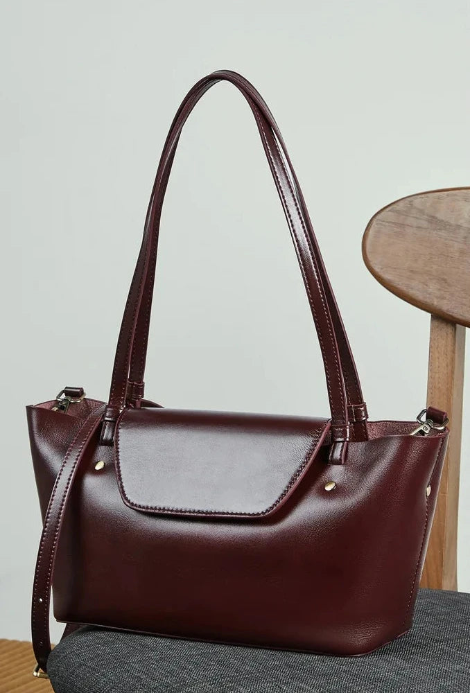Sleek Genuine Leather Flap Contour Tote