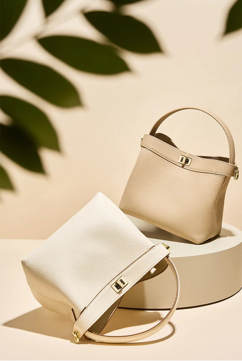 Refined Genuine Leather Signature Bucket Bag