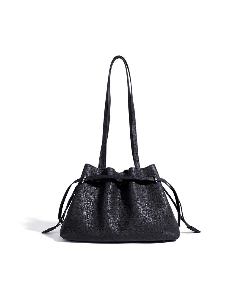 Stellar Genuine Leather Drawstring Pleated Tote