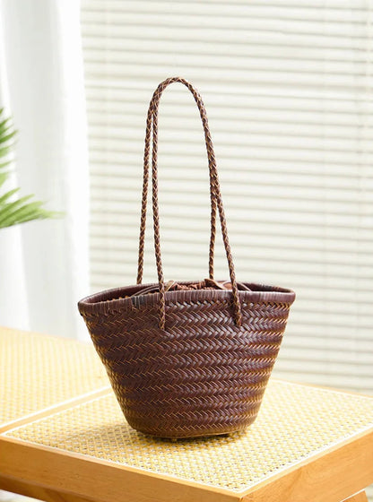 Genuine Leather Woven Beach Bucket Bag