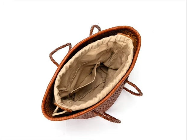 Genuine Leather Woven Beach Bucket Bag