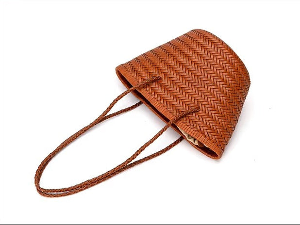 Genuine Leather Woven Beach Bucket Bag