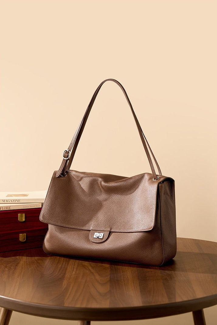Grained Leather Turn-Lock Shoulder Bag