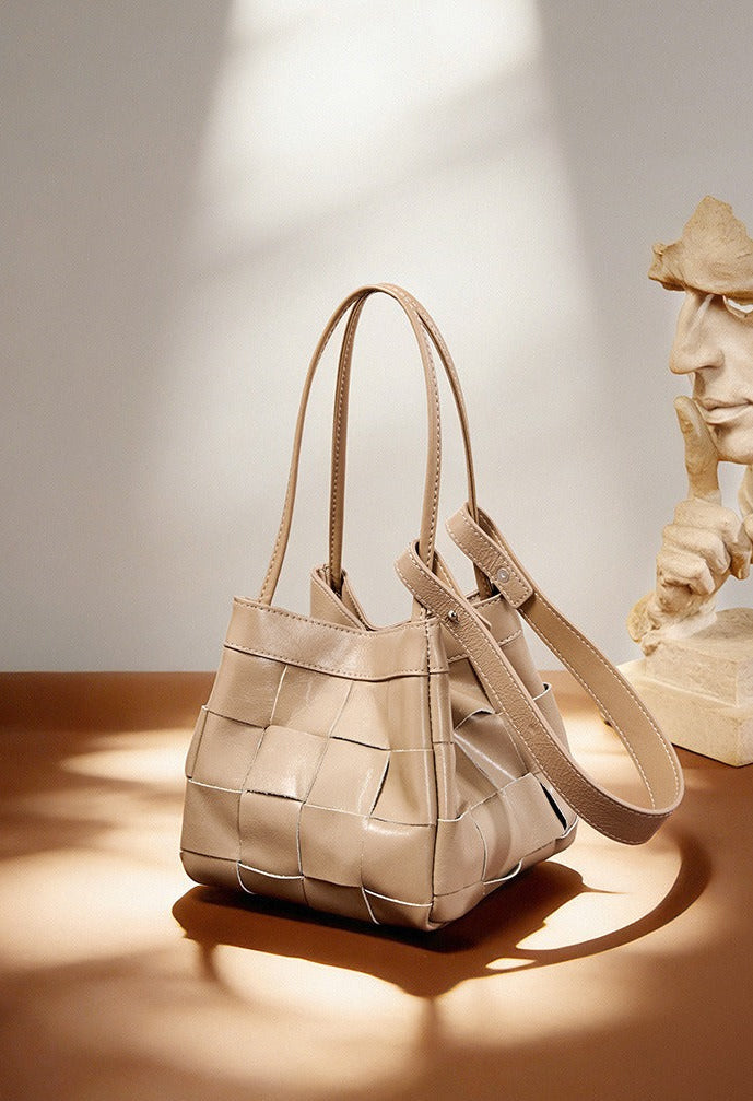 Woven Waxed Leather Crossbody Bucket Bag