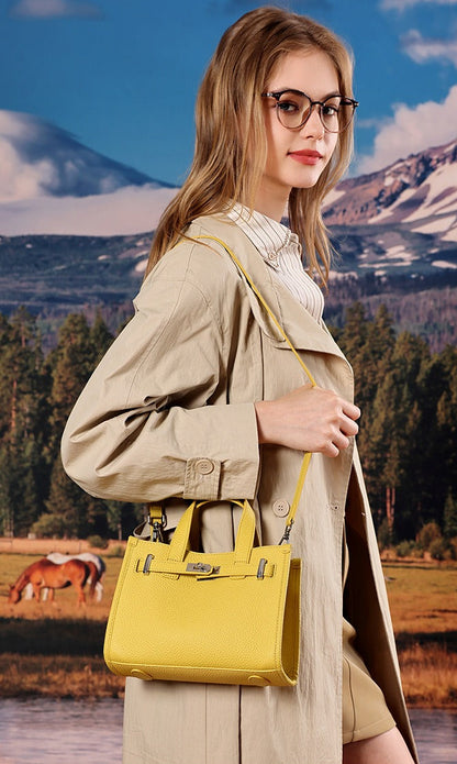 Pebbled Leather Turn-Lock Tote Handbag