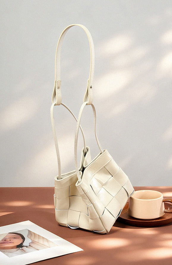 Woven Waxed Leather Crossbody Bucket Bag
