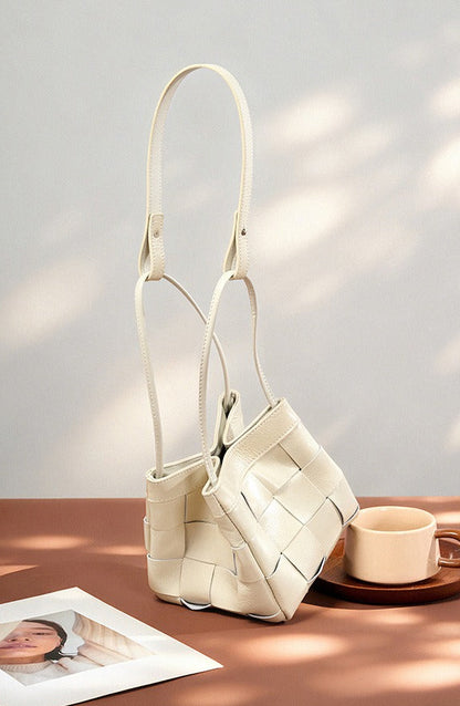 Woven Waxed Leather Crossbody Bucket Bag