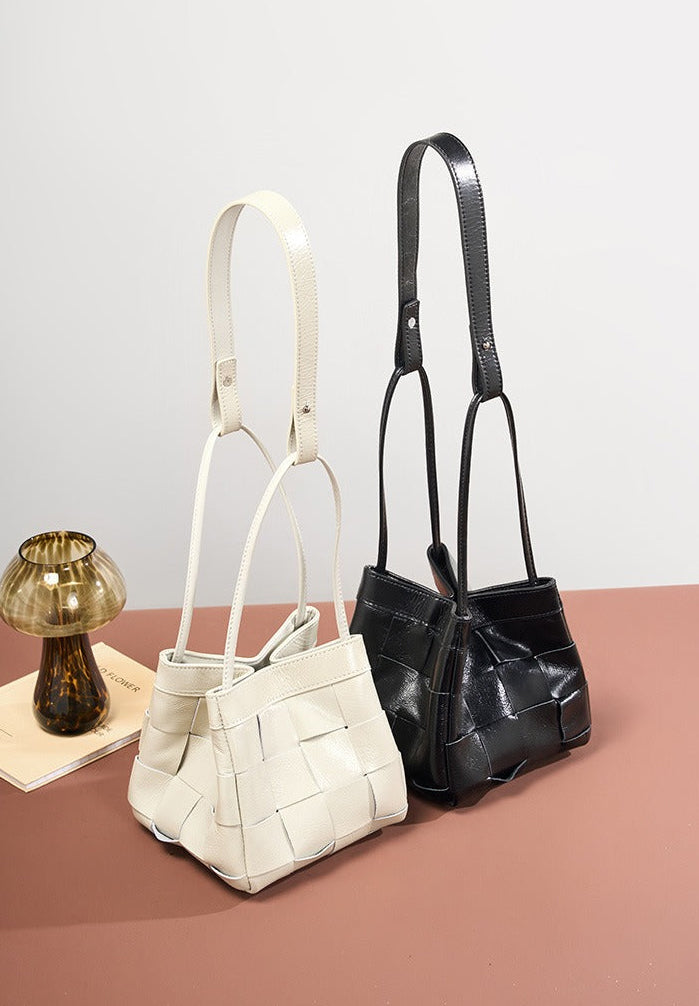 Woven Waxed Leather Crossbody Bucket Bag