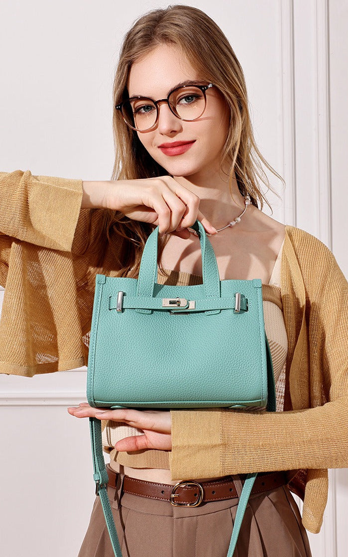 Pebbled Leather Turn-Lock Tote Handbag