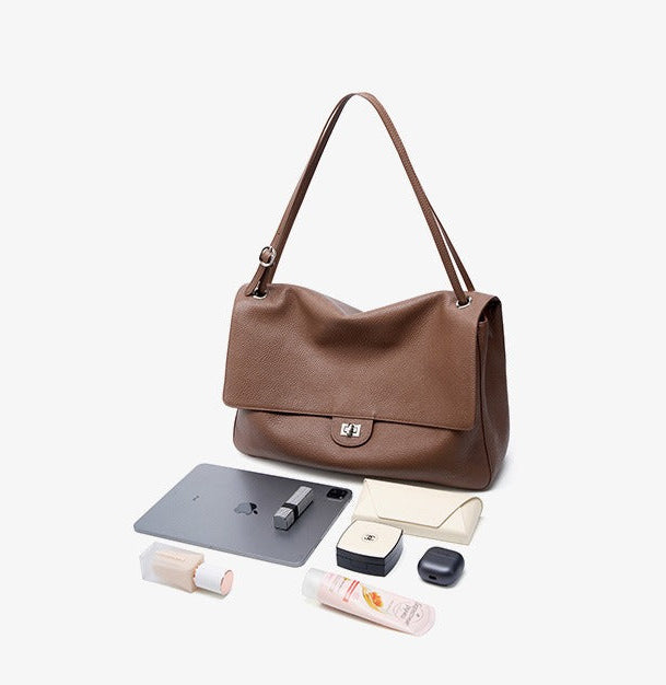 Grained Leather Turn-Lock Shoulder Bag