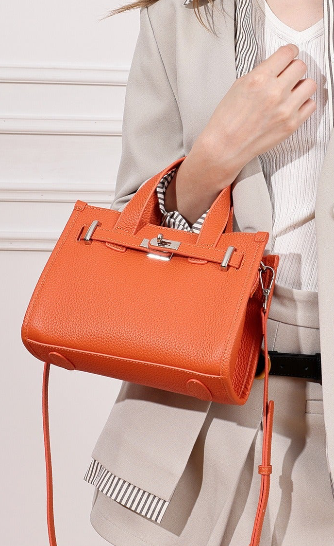 Pebbled Leather Turn-Lock Tote Handbag