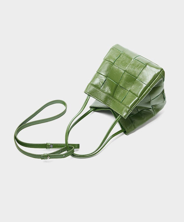 Woven Waxed Leather Crossbody Bucket Bag