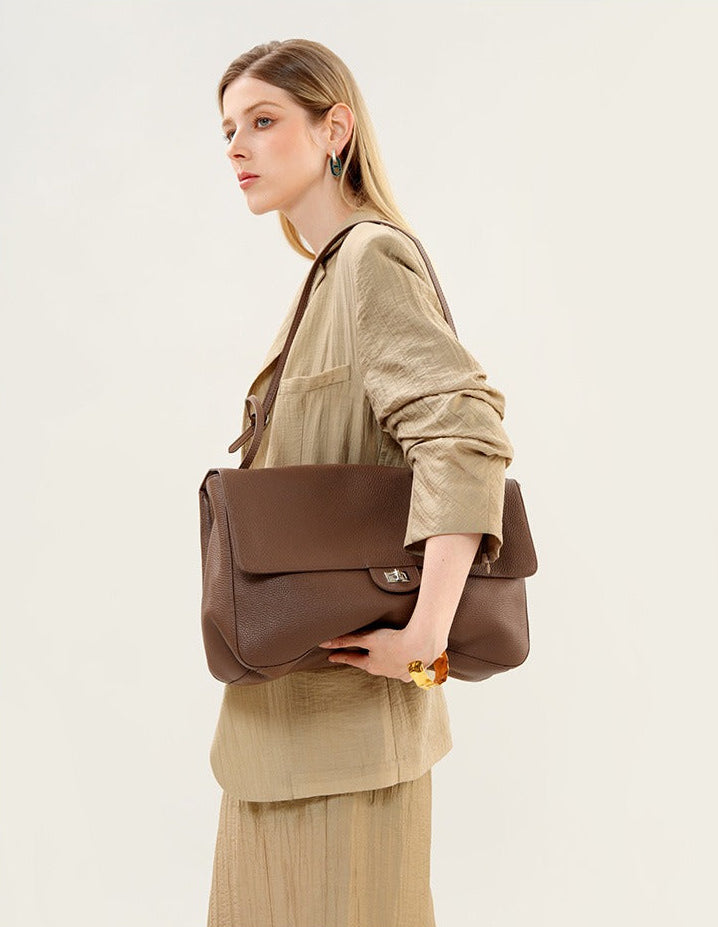 Grained Leather Turn-Lock Shoulder Bag