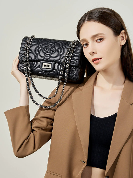 Floral Embroidered Leather Chain Bag