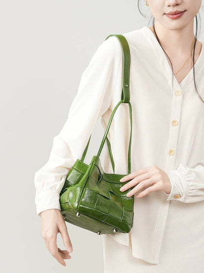 Woven Waxed Leather Crossbody Bucket Bag