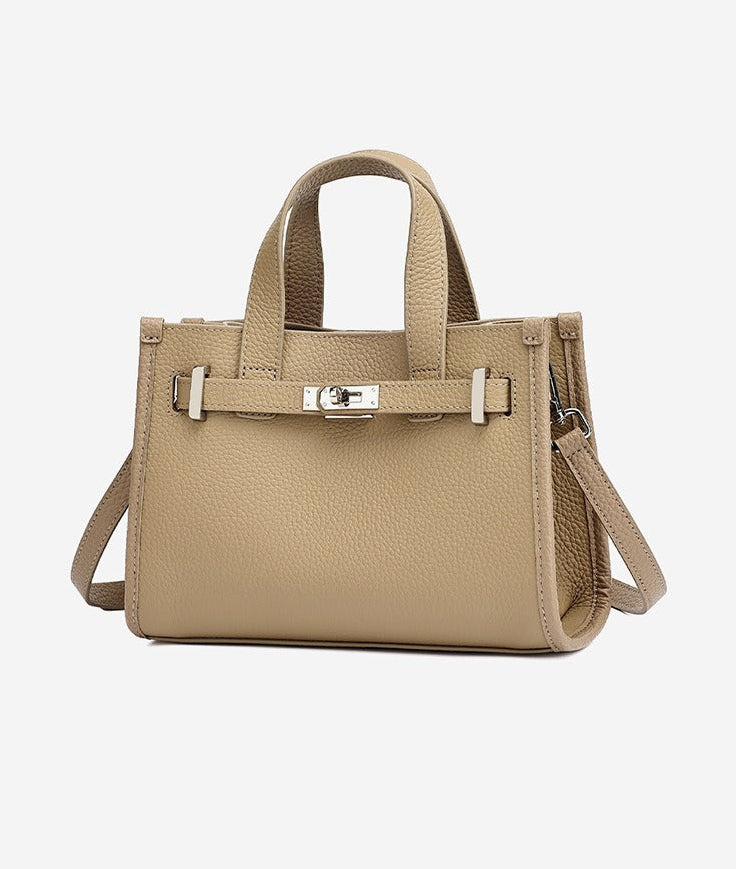 Pebbled Leather Turn-Lock Tote Handbag