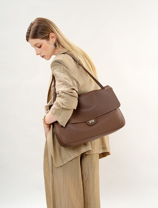 Grained Leather Turn-Lock Shoulder Bag