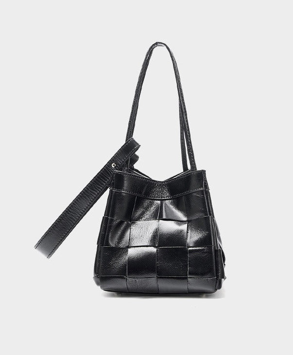 Woven Waxed Leather Crossbody Bucket Bag