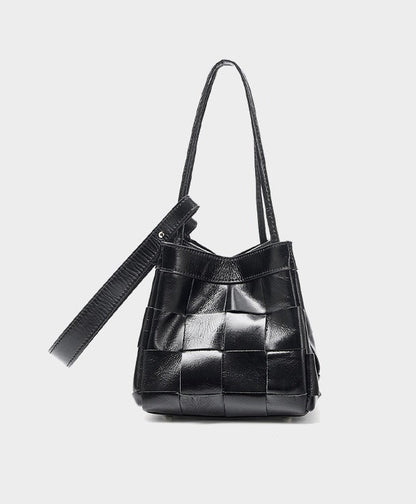 Woven Waxed Leather Crossbody Bucket Bag