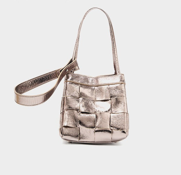 Woven Waxed Leather Crossbody Bucket Bag