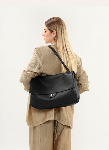 Grained Leather Turn-Lock Shoulder Bag
