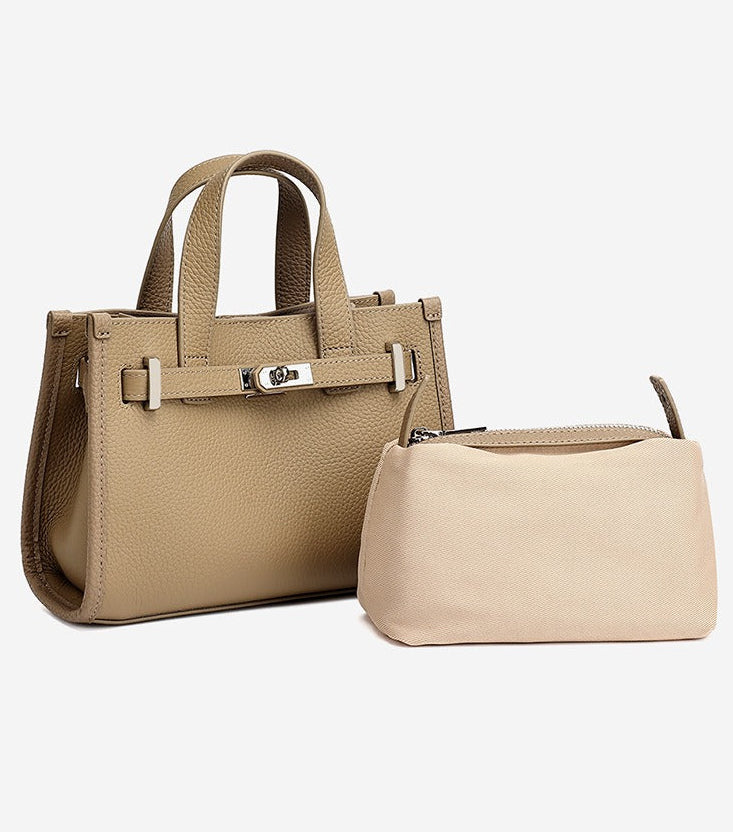 Pebbled Leather Turn-Lock Tote Handbag