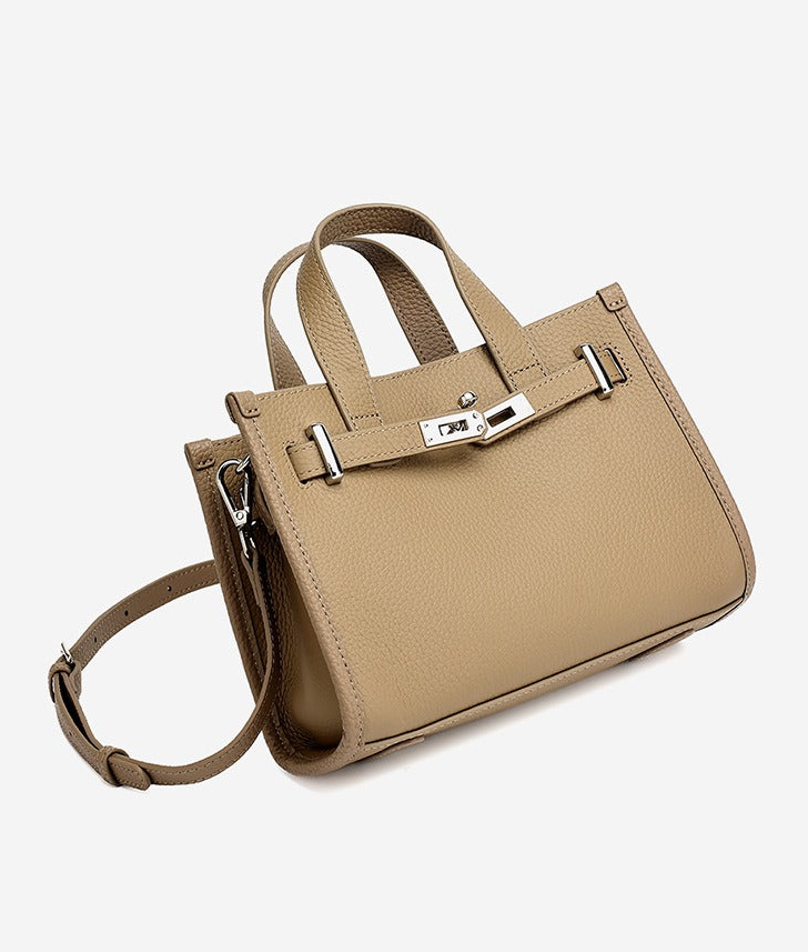 Pebbled Leather Turn-Lock Tote Handbag