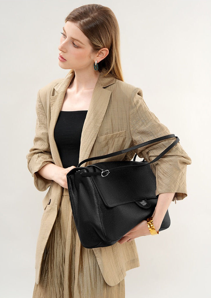 Grained Leather Turn-Lock Shoulder Bag
