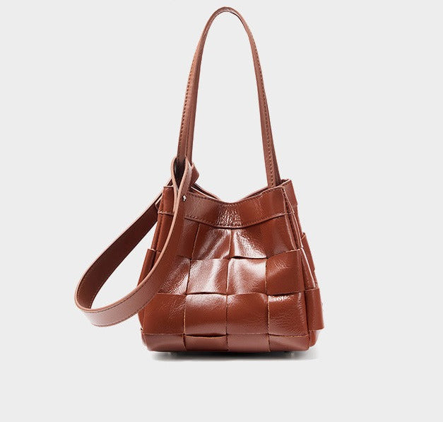 Woven Waxed Leather Crossbody Bucket Bag