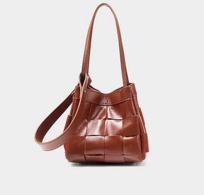 Woven Waxed Leather Crossbody Bucket Bag