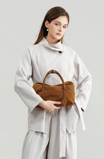 Large Suede Shoulder Boston Bag