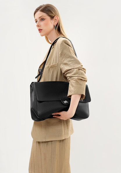 Grained Leather Turn-Lock Shoulder Bag