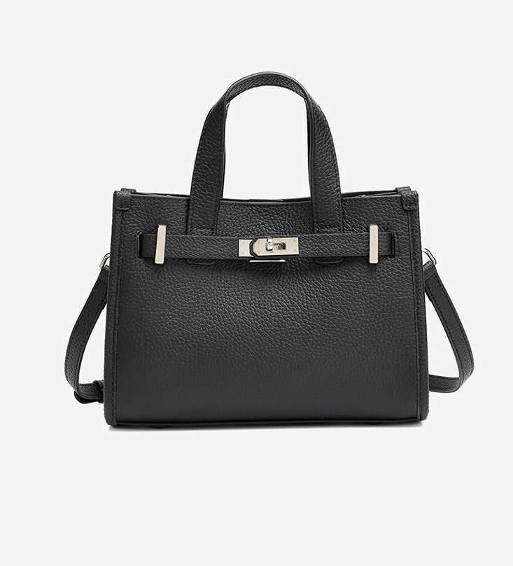 Pebbled Leather Turn-Lock Tote Handbag