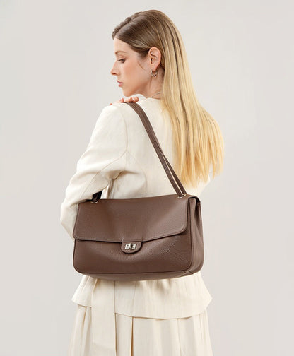 Grained Leather Turn-Lock Shoulder Bag