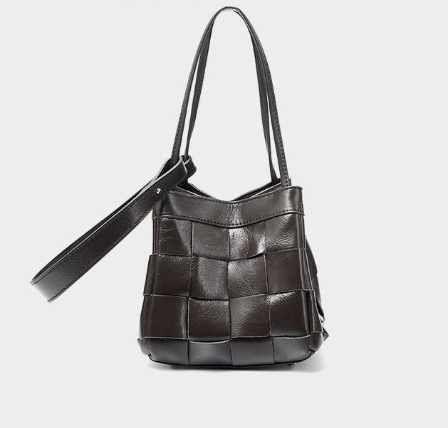 Woven Waxed Leather Crossbody Bucket Bag