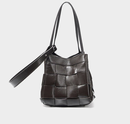 Woven Waxed Leather Crossbody Bucket Bag