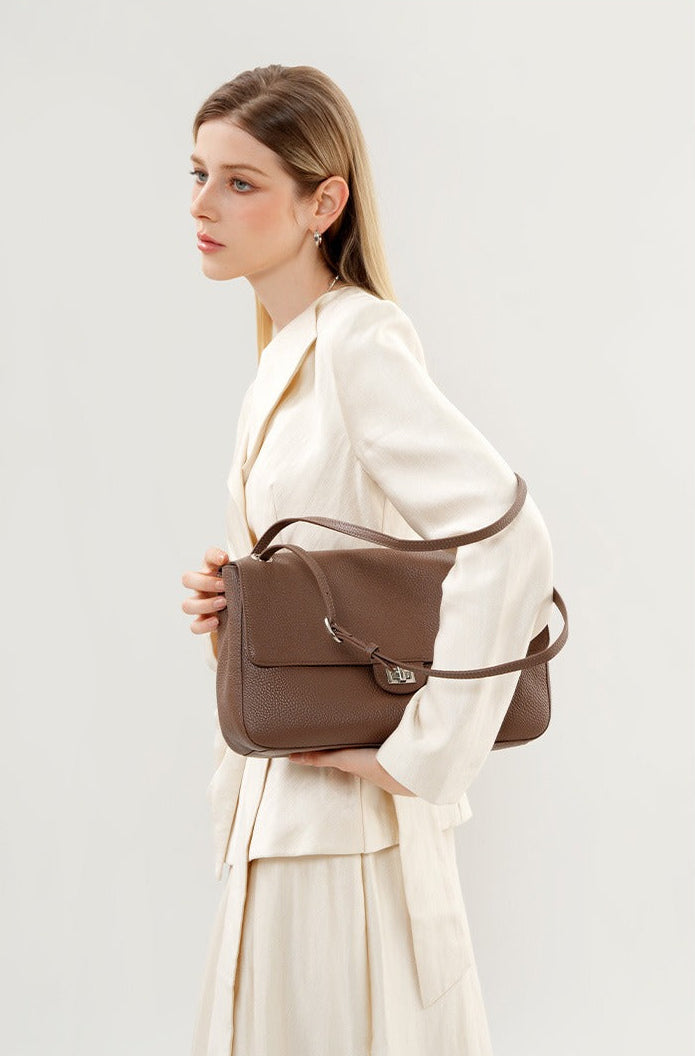 Grained Leather Turn-Lock Shoulder Bag